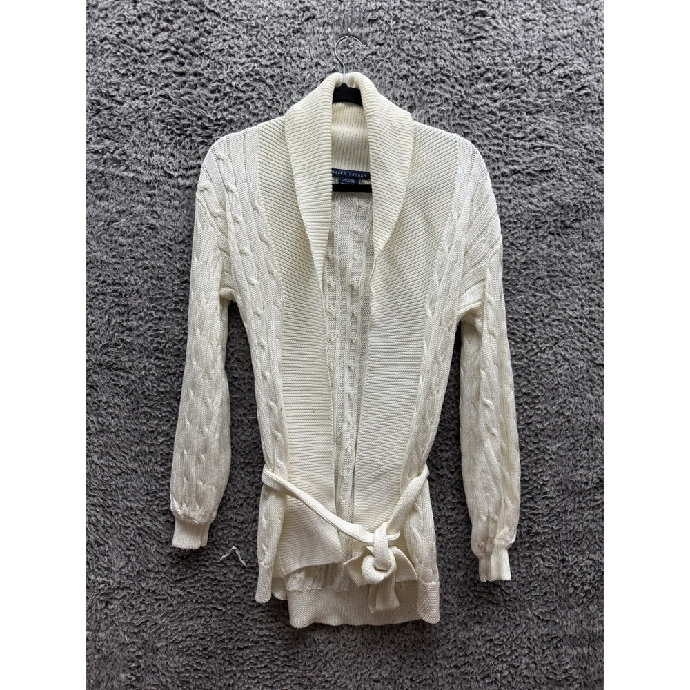Ralph Lauren Blue Label Belted‎ Cardigan Italian Yarn Hemp Cotton Ivory Size S